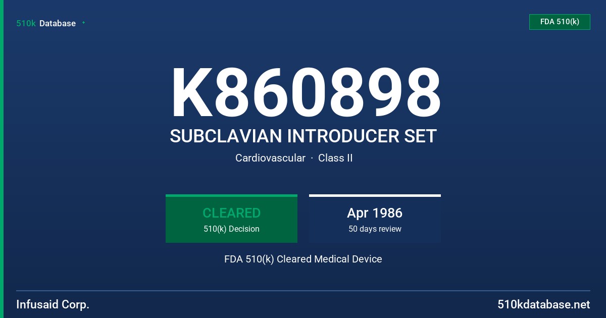 K860898 SUBCLAVIAN INTRODUCER SET FDA 510(k) Cleared Medical Device