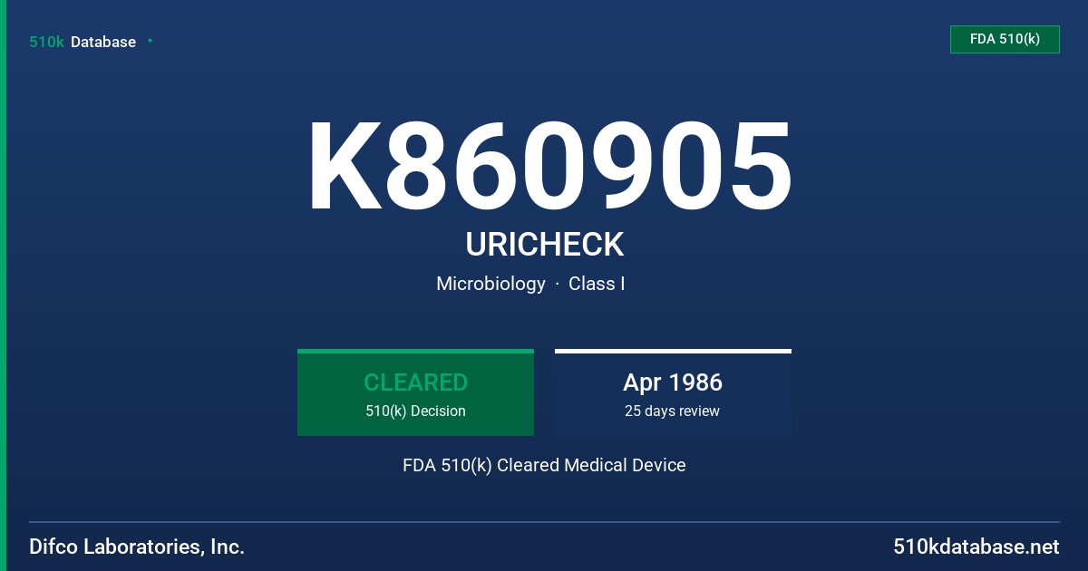 K860905 URICHECK FDA 510(k) Cleared Medical Device