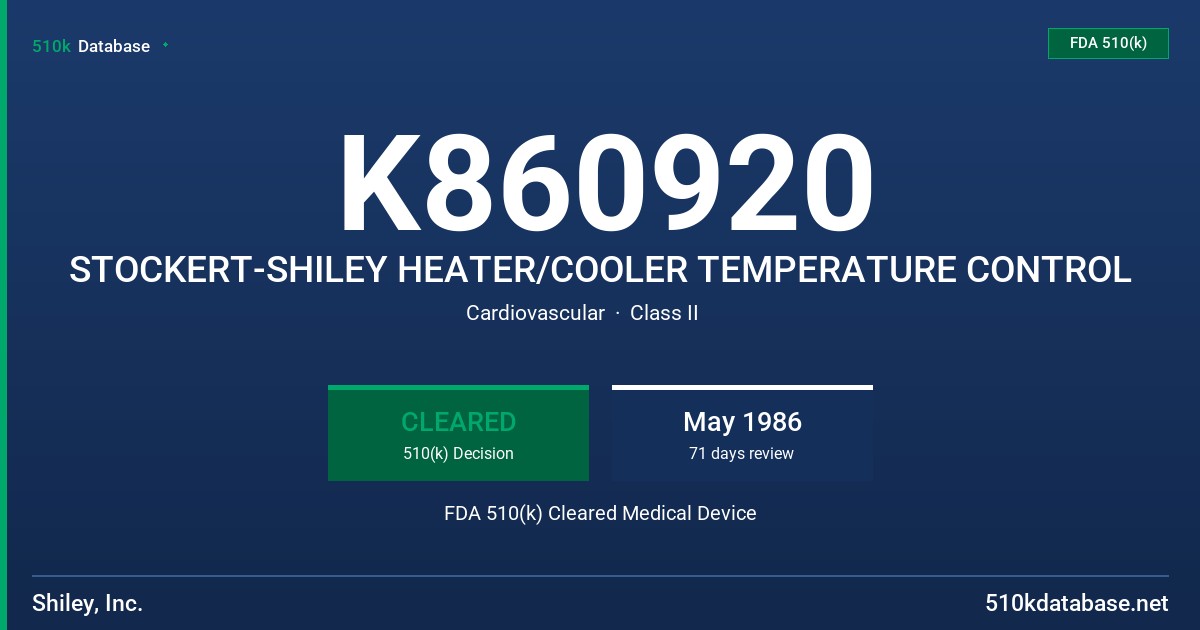 K860920 STOCKERT-SHILEY HEATER/COOLER TEMPERATURE CONTROL FDA 510(k) Cleared Medical Device