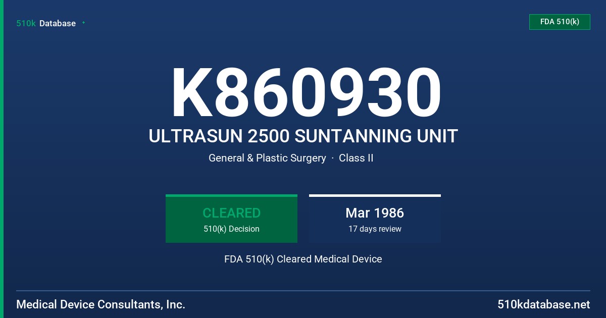 K860930 ULTRASUN 2500 SUNTANNING UNIT FDA 510(k) Cleared Medical Device