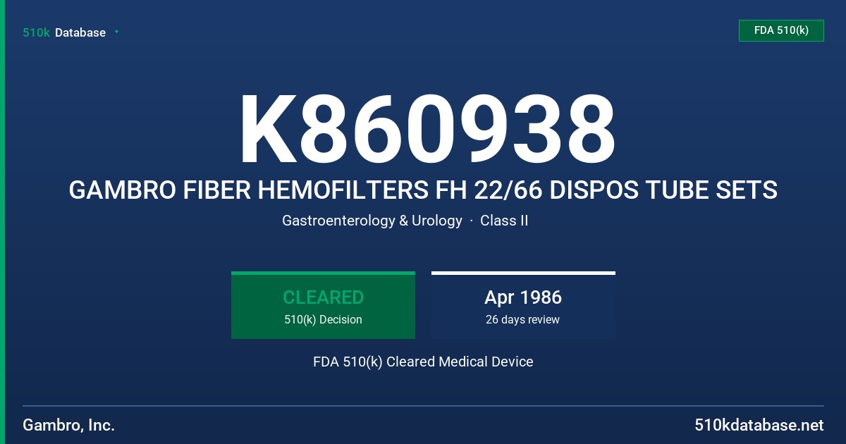 K860938 GAMBRO FIBER HEMOFILTERS FH 22/66 DISPOS TUBE SETS FDA 510(k) Cleared Medical Device