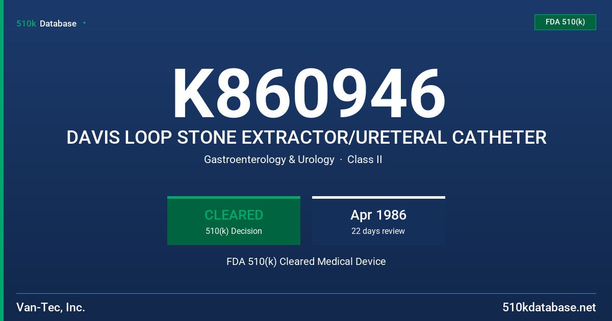 K860946 DAVIS LOOP STONE EXTRACTOR/URETERAL CATHETER FDA 510(k) Cleared Medical Device