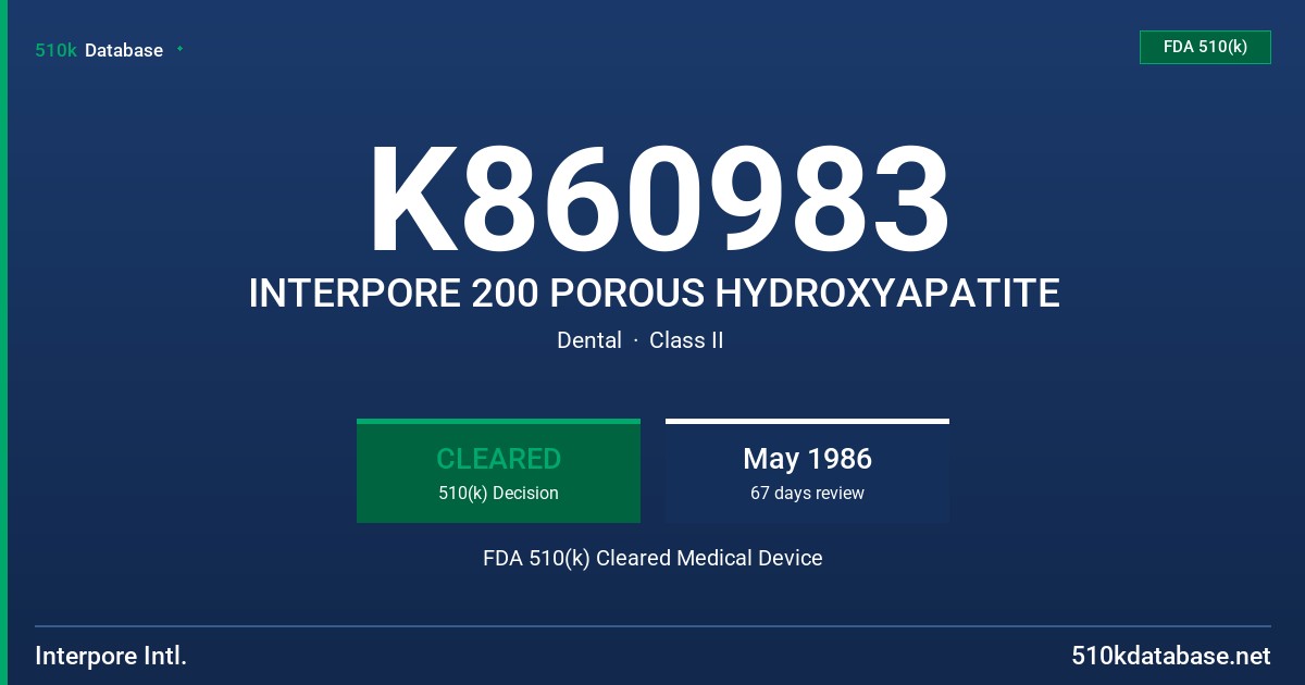 K860983 INTERPORE 200 POROUS HYDROXYAPATITE FDA 510(k) Cleared Medical Device