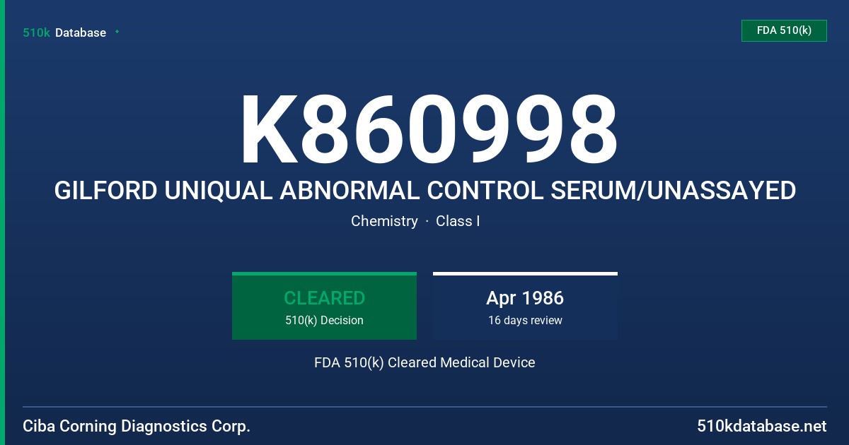 K860998 GILFORD UNIQUAL ABNORMAL CONTROL SERUM/UNASSAYED FDA 510(k) Cleared Medical Device