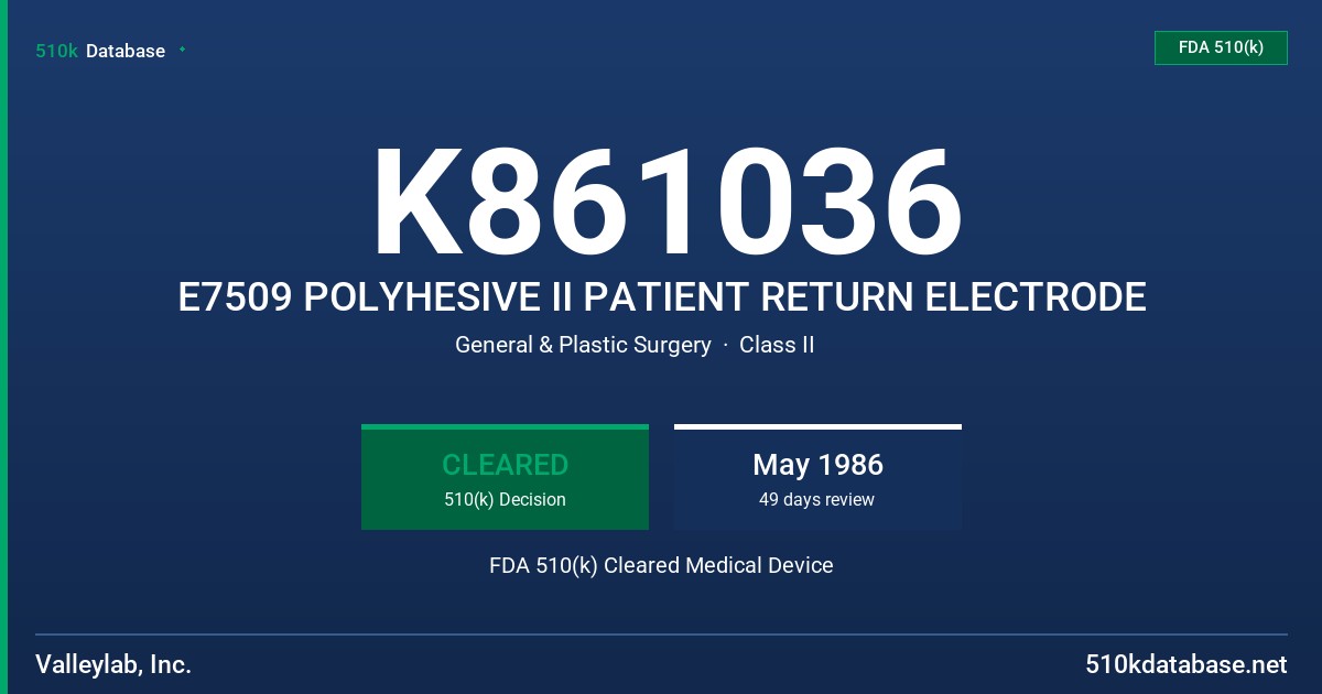 K861036 E7509 POLYHESIVE II PATIENT RETURN ELECTRODE FDA 510(k) Cleared Medical Device