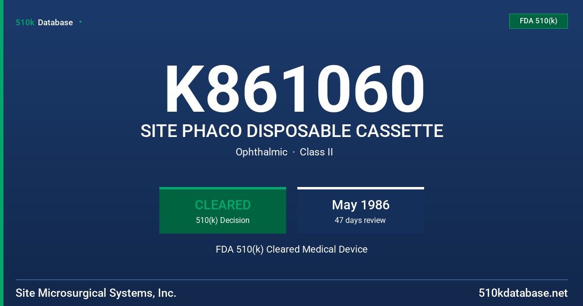 K861060 SITE PHACO DISPOSABLE CASSETTE FDA 510(k) Cleared Medical Device