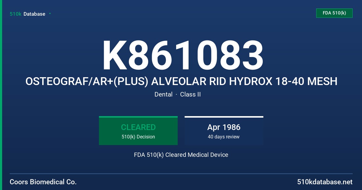 K861083 OSTEOGRAF/AR+(PLUS) ALVEOLAR RID HYDROX 18-40 MESH FDA 510(k) Cleared Medical Device