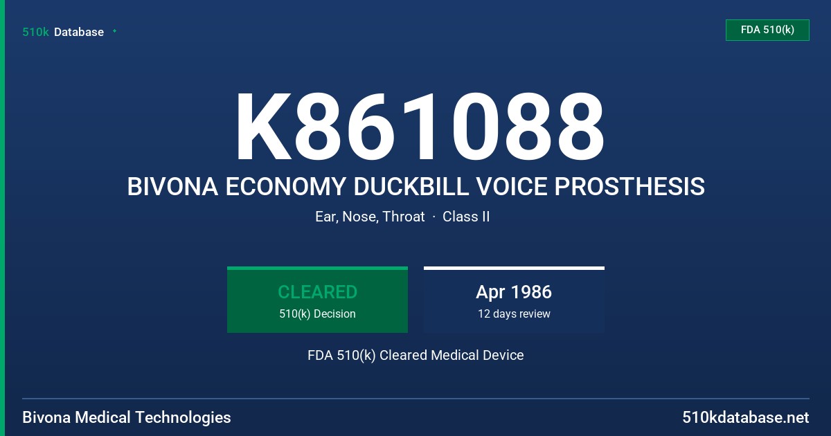 K861088 BIVONA ECONOMY DUCKBILL VOICE PROSTHESIS FDA 510(k) Cleared Medical Device
