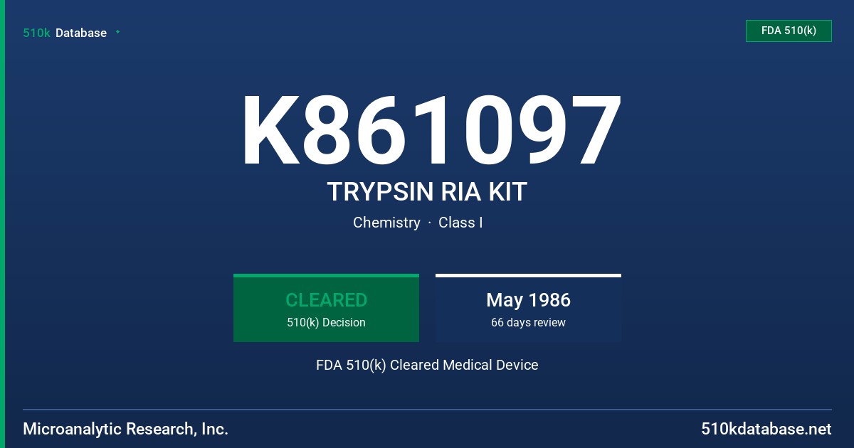 K861097 TRYPSIN RIA KIT FDA 510(k) Cleared Medical Device