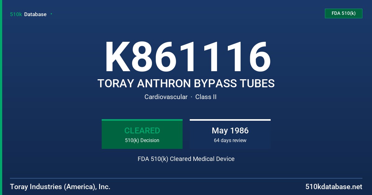 K861116 TORAY ANTHRON BYPASS TUBES FDA 510(k) Cleared Medical Device