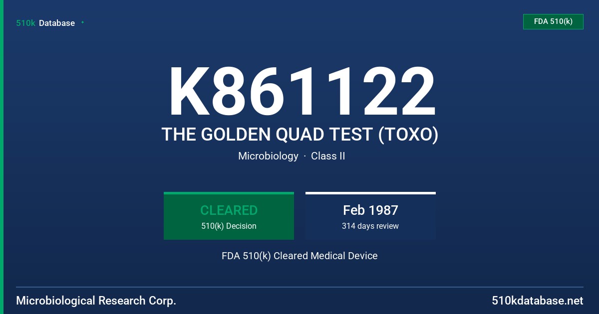 K861122 THE GOLDEN QUAD TEST (TOXO) FDA 510(k) Cleared Medical Device