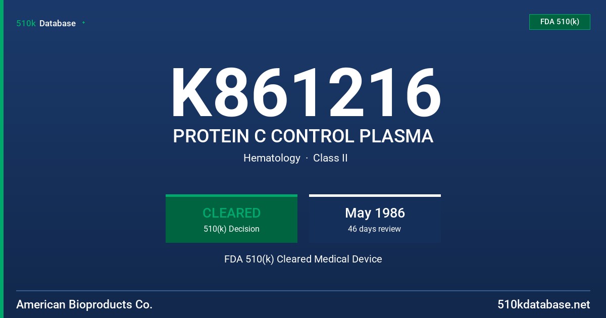 K861216 PROTEIN C CONTROL PLASMA FDA 510(k) Cleared Medical Device