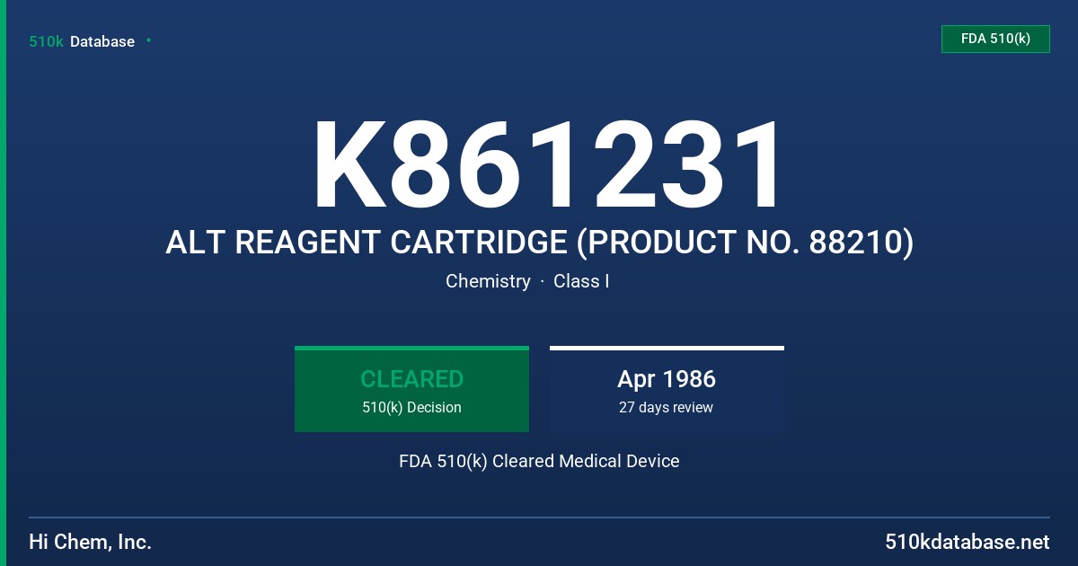 K861231 ALT REAGENT CARTRIDGE (PRODUCT NO. 88210) FDA 510(k) Cleared Medical Device