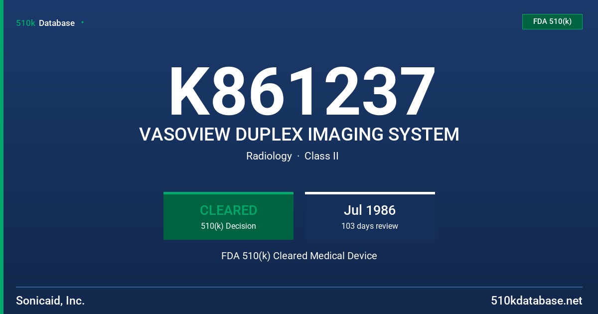 K861237 VASOVIEW DUPLEX IMAGING SYSTEM FDA 510(k) Cleared Medical Device