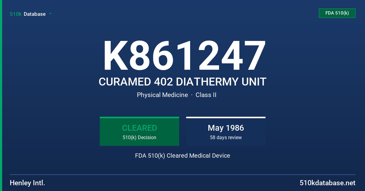 K861247 CURAMED 402 DIATHERMY UNIT FDA 510(k) Cleared Medical Device