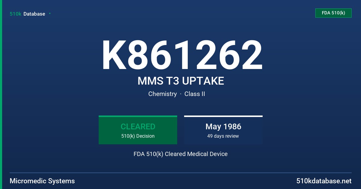 K861262 MMS T3 UPTAKE FDA 510(k) Cleared Medical Device