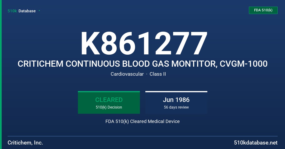 K861277 CRITICHEM CONTINUOUS BLOOD GAS MONTITOR, CVGM-1000 FDA 510(k) Cleared Medical Device