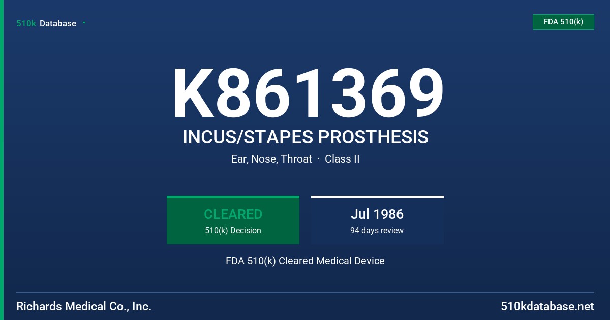 K861369 INCUS/STAPES PROSTHESIS FDA 510(k) Cleared Medical Device