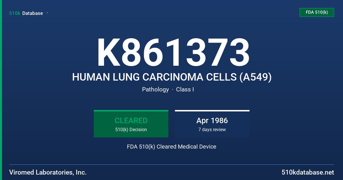 K861373 HUMAN LUNG CARCINOMA CELLS (A549) FDA 510(k) Cleared Medical Device
