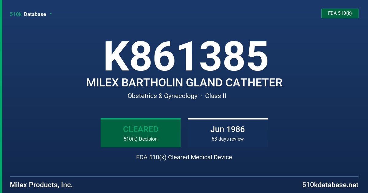 K861385 MILEX BARTHOLIN GLAND CATHETER FDA 510(k) Cleared Medical Device