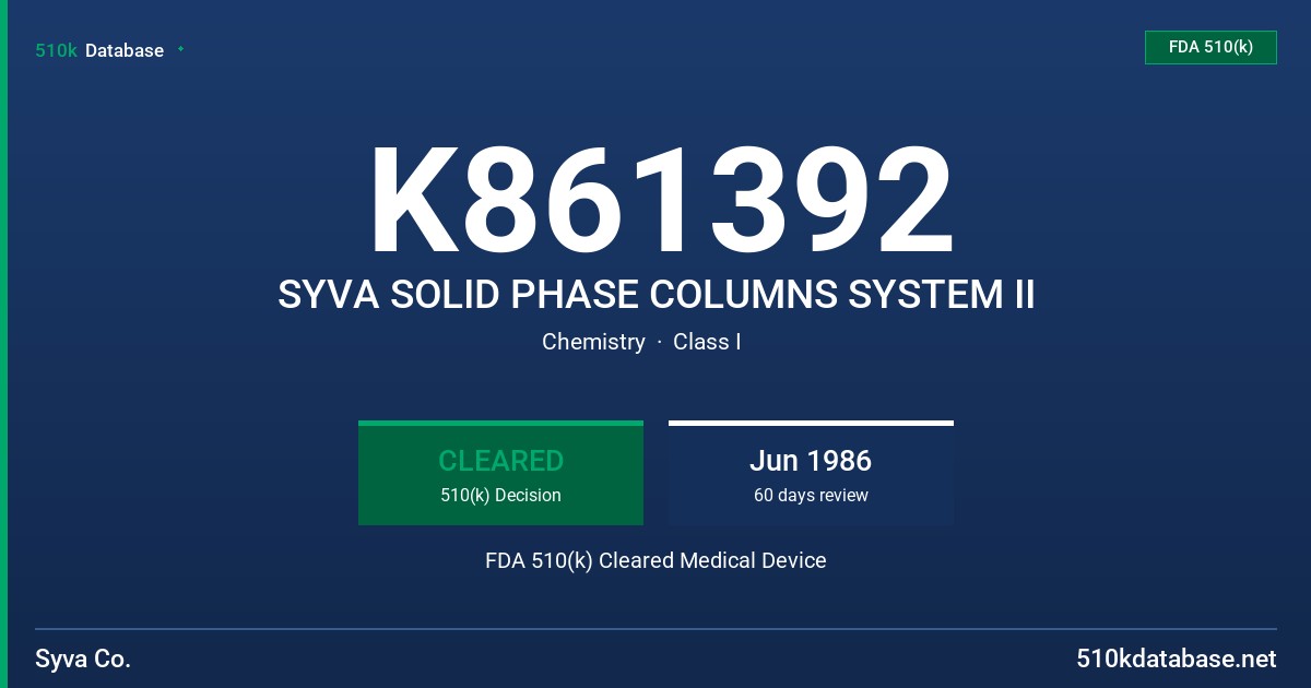 K861392 SYVA SOLID PHASE COLUMNS SYSTEM II FDA 510(k) Cleared Medical Device