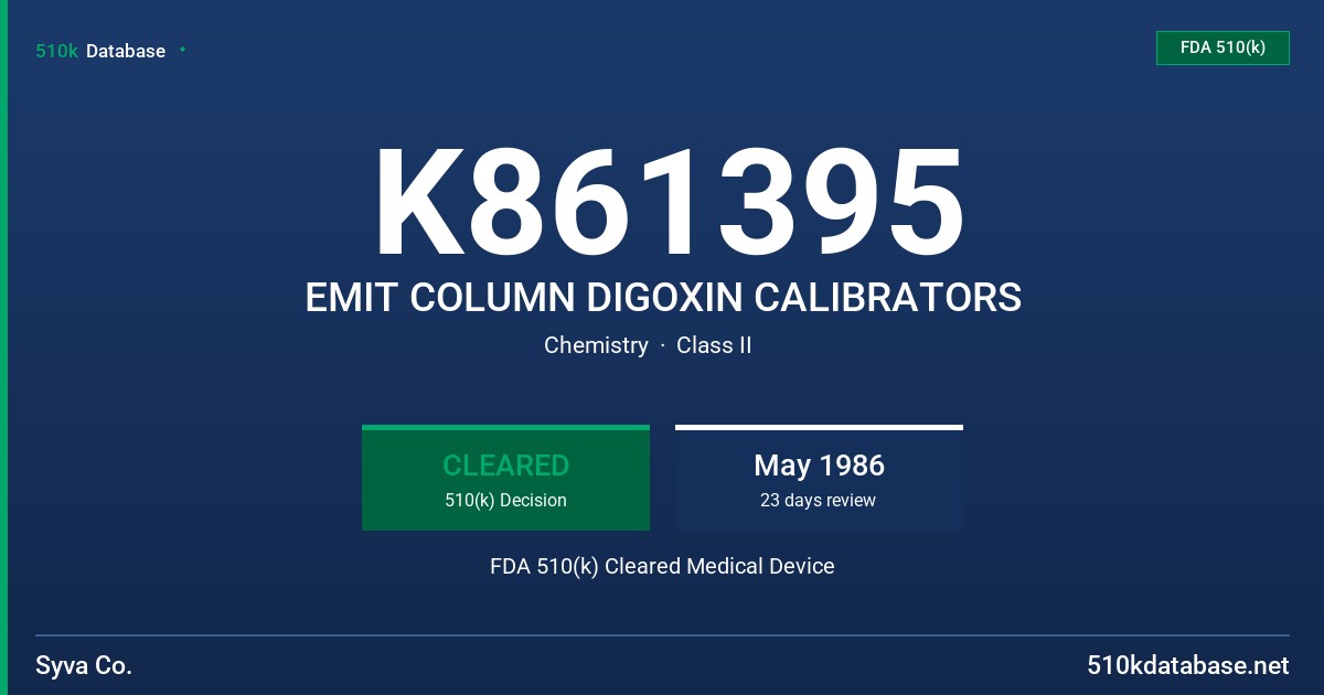 K861395 EMIT COLUMN DIGOXIN CALIBRATORS FDA 510(k) Cleared Medical Device