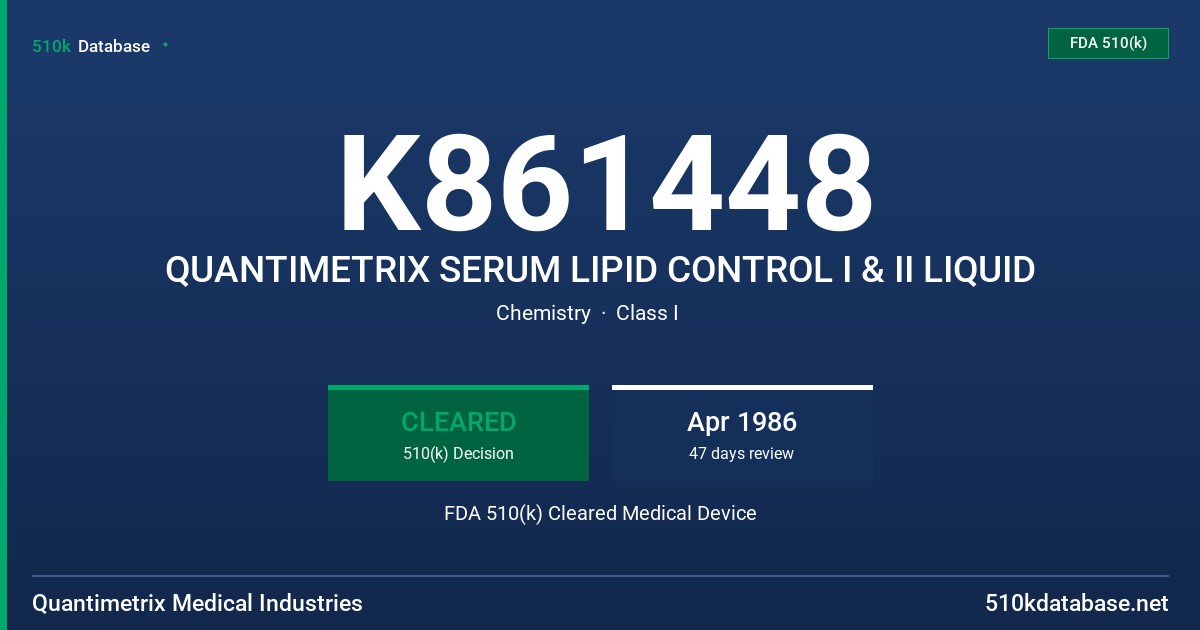 K861448 QUANTIMETRIX SERUM LIPID CONTROL I & II LIQUID FDA 510(k) Cleared Medical Device