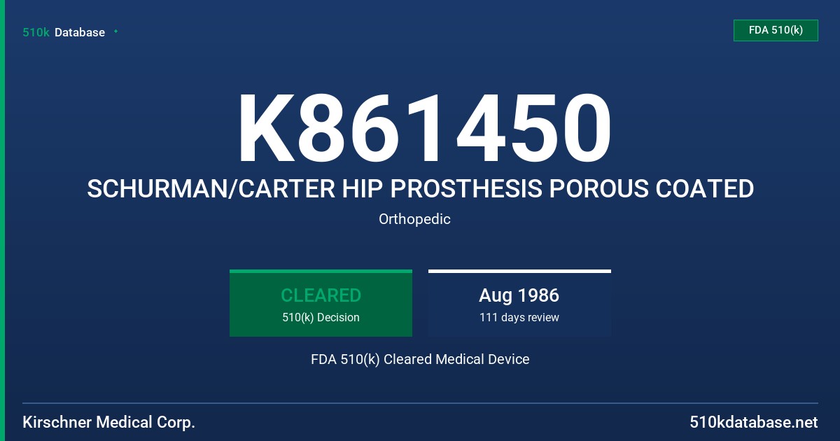 K861450 SCHURMAN/CARTER HIP PROSTHESIS POROUS COATED FDA 510(k) Cleared Medical Device