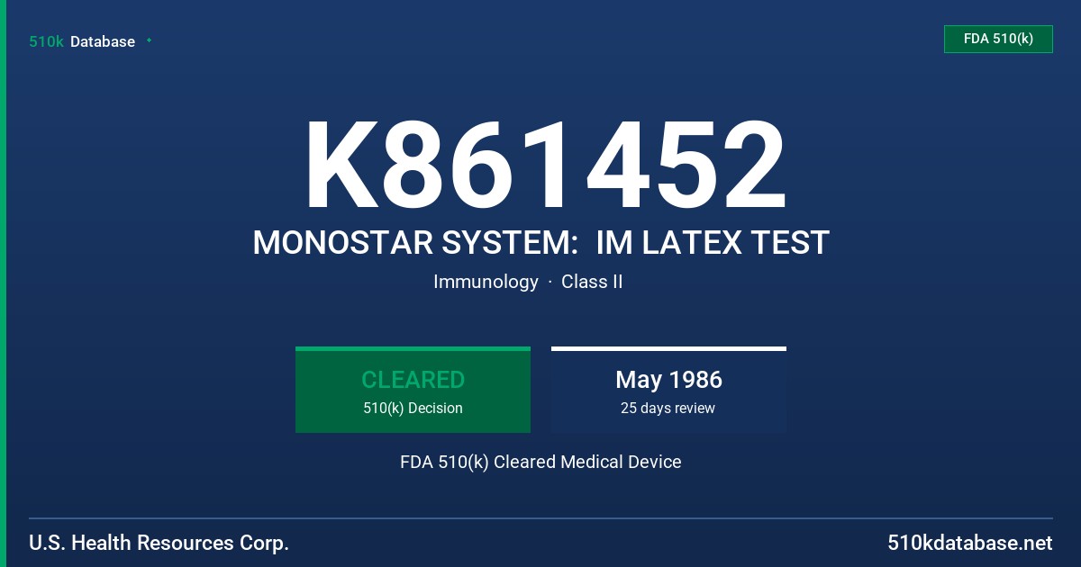 K861452 MONOSTAR SYSTEM:  IM LATEX TEST FDA 510(k) Cleared Medical Device