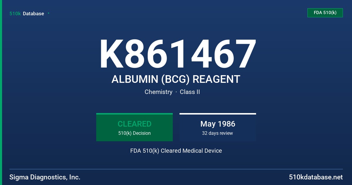 K861467 ALBUMIN (BCG) REAGENT FDA 510(k) Cleared Medical Device