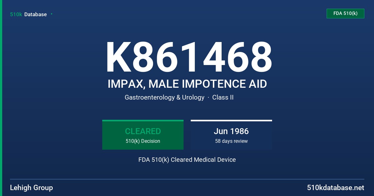 K861468 IMPAX, MALE IMPOTENCE AID FDA 510(k) Cleared Medical Device