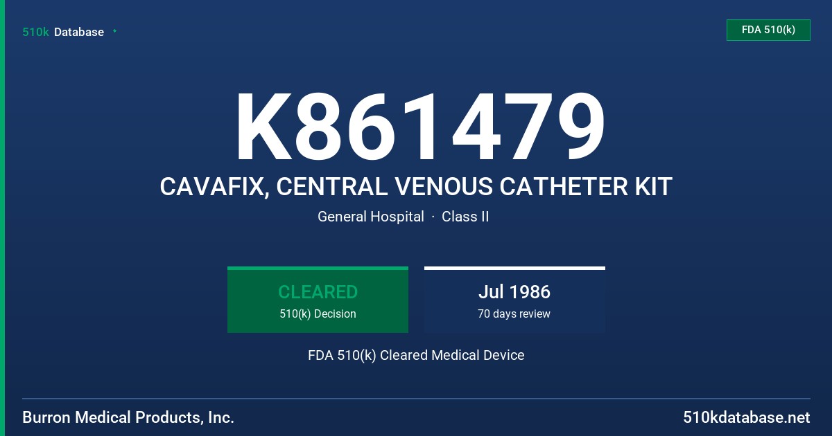 K861479 CAVAFIX, CENTRAL VENOUS CATHETER KIT FDA 510(k) Cleared Medical Device