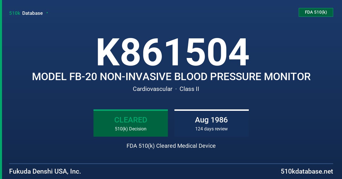 K861504 MODEL FB-20 NON-INVASIVE BLOOD PRESSURE MONITOR FDA 510(k) Cleared Medical Device