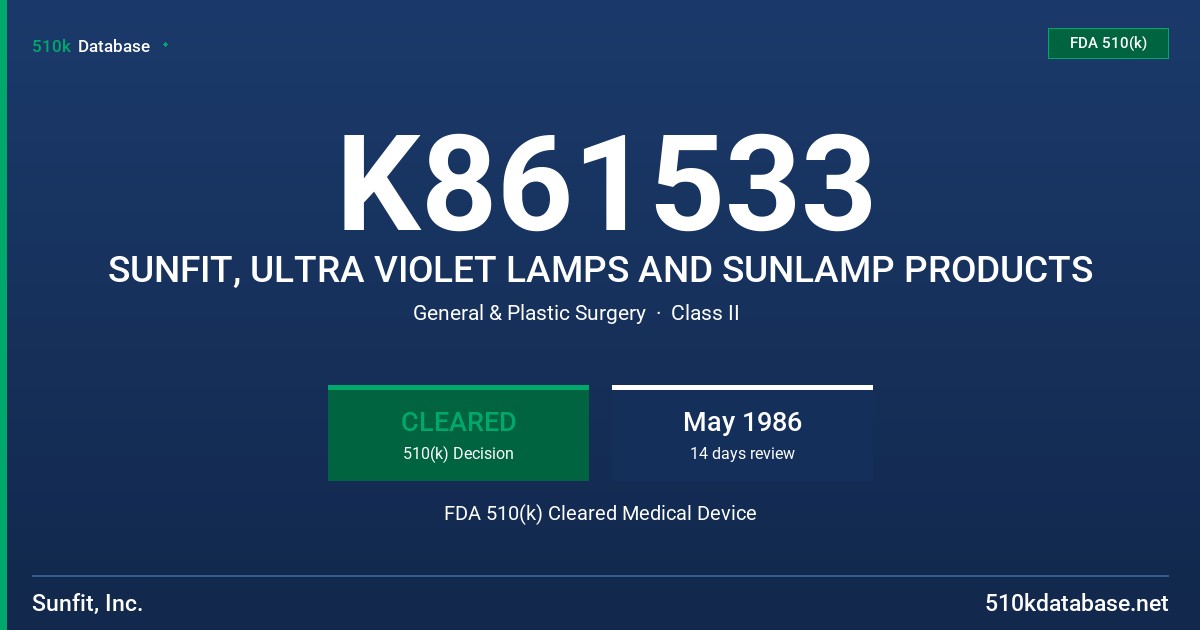 K861533 SUNFIT, ULTRA VIOLET LAMPS AND SUNLAMP PRODUCTS FDA 510(k) Cleared Medical Device