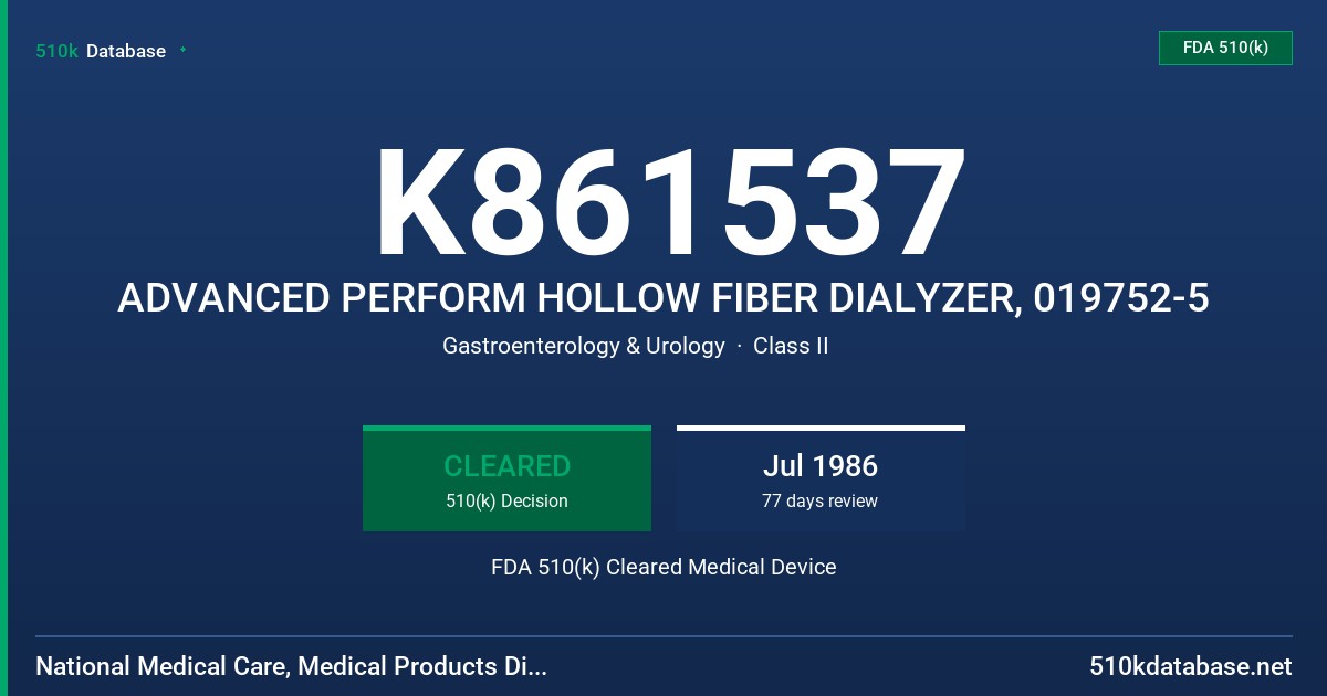K861537 ADVANCED PERFORM HOLLOW FIBER DIALYZER, 019752-5 FDA 510(k) Cleared Medical Device