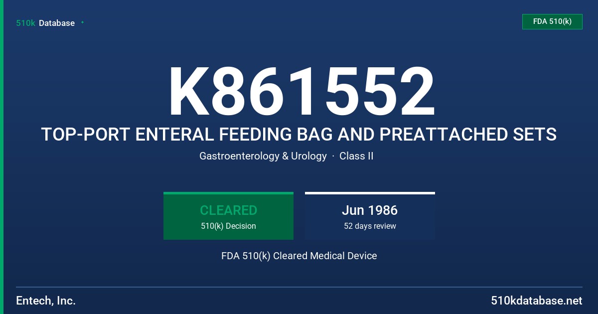 K861552 TOP-PORT ENTERAL FEEDING BAG AND PREATTACHED SETS FDA 510(k) Cleared Medical Device