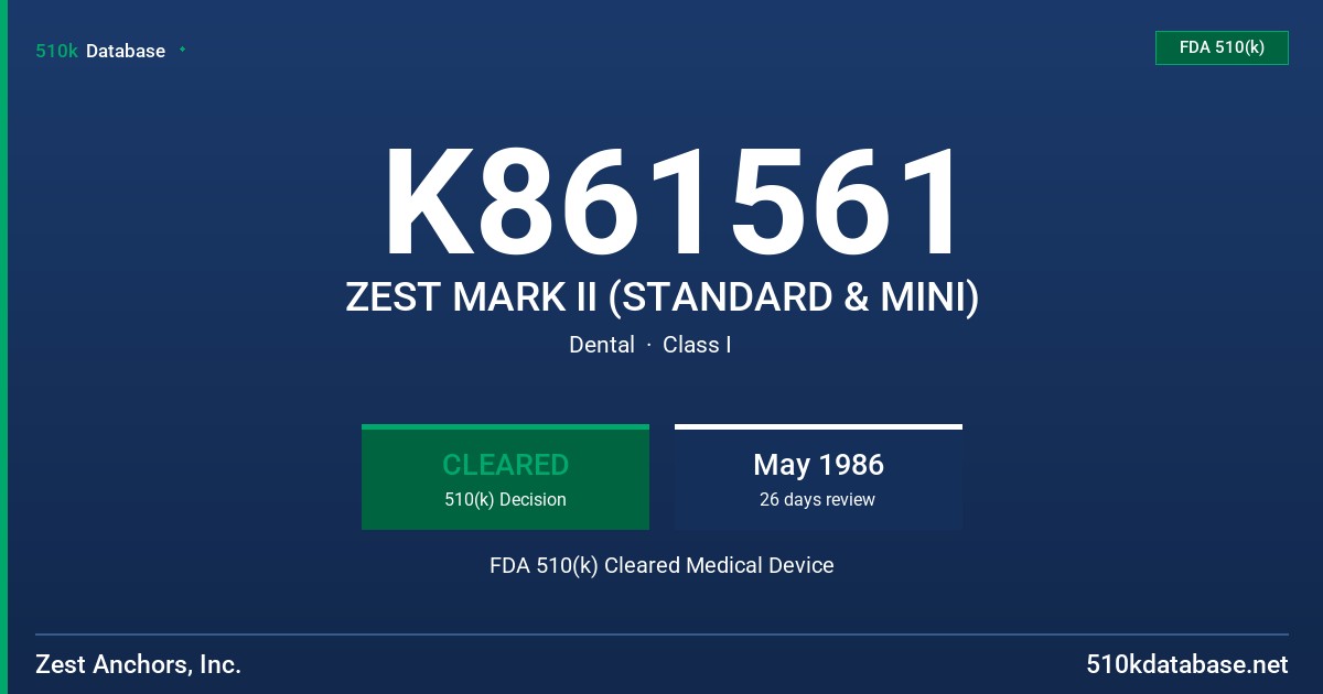 K861561 ZEST MARK II (STANDARD & MINI) FDA 510(k) Cleared Medical Device