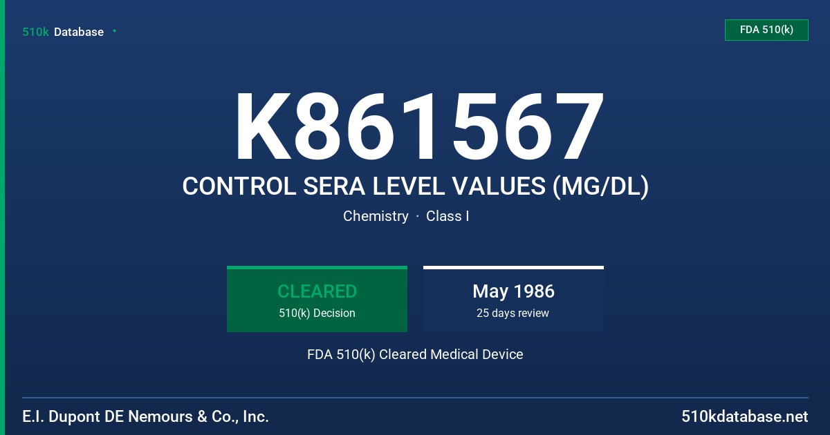 K861567 CONTROL SERA LEVEL VALUES (MG/DL) FDA 510(k) Cleared Medical Device