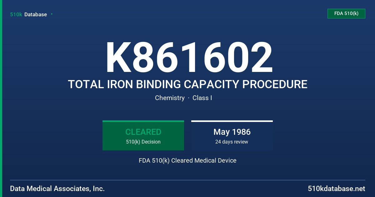 K861602 TOTAL IRON BINDING CAPACITY PROCEDURE FDA 510(k) Cleared Medical Device