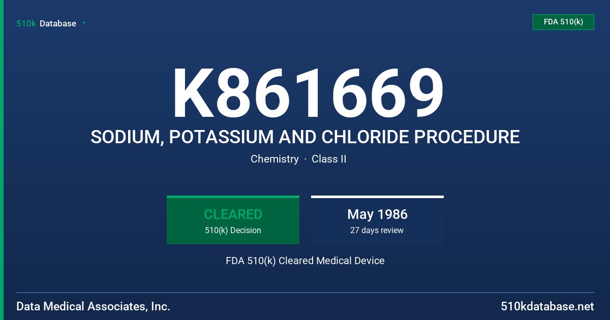 K861669 SODIUM, POTASSIUM AND CHLORIDE PROCEDURE FDA 510(k) Cleared Medical Device