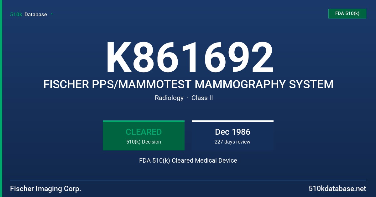 K861692 FISCHER PPS/MAMMOTEST MAMMOGRAPHY SYSTEM FDA 510(k) Cleared Medical Device