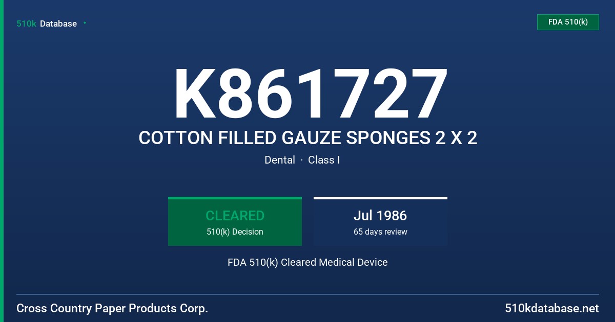 K861727 COTTON FILLED GAUZE SPONGES 2 X 2 FDA 510(k) Cleared Medical Device