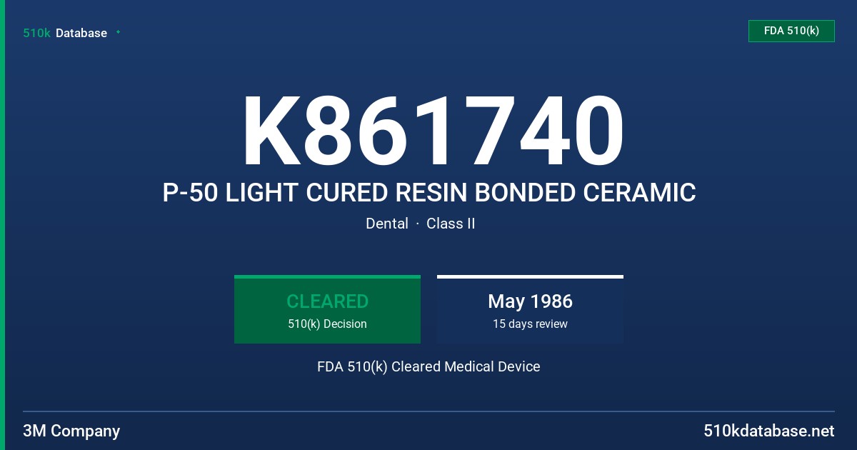 K861740 P-50 LIGHT CURED RESIN BONDED CERAMIC FDA 510(k) Cleared Medical Device