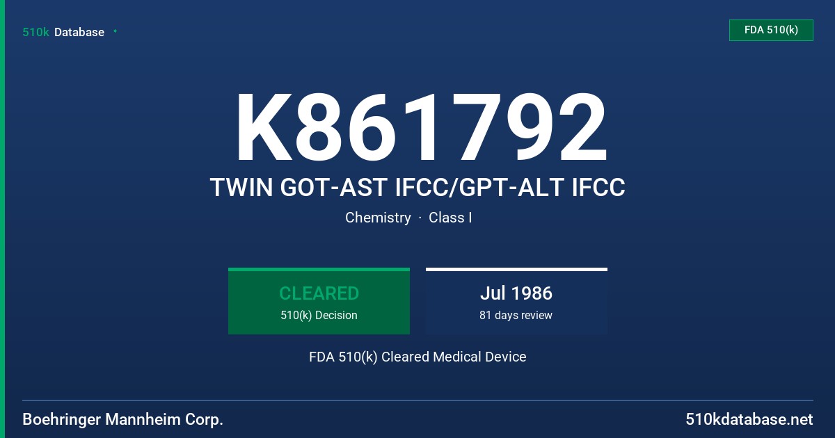 K861792 TWIN GOT-AST IFCC/GPT-ALT IFCC FDA 510(k) Cleared Medical Device