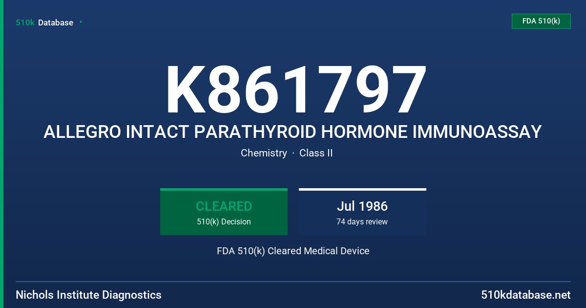 K861797 ALLEGRO INTACT PARATHYROID HORMONE IMMUNOASSAY FDA 510(k) Cleared Medical Device