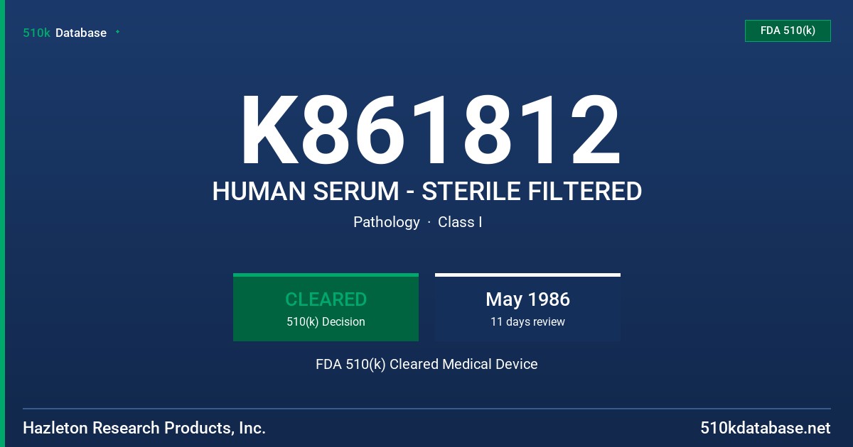 K861812 HUMAN SERUM - STERILE FILTERED FDA 510(k) Cleared Medical Device