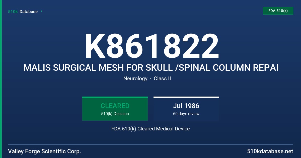 K861822 MALIS SURGICAL MESH FOR SKULL /SPINAL COLUMN REPAI FDA 510(k) Cleared Medical Device