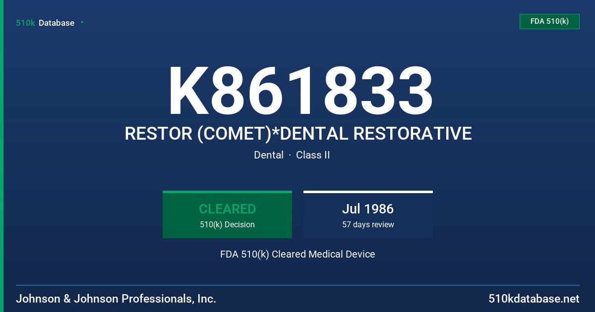 K861833 RESTOR (COMET)*DENTAL RESTORATIVE FDA 510(k) Cleared Medical Device