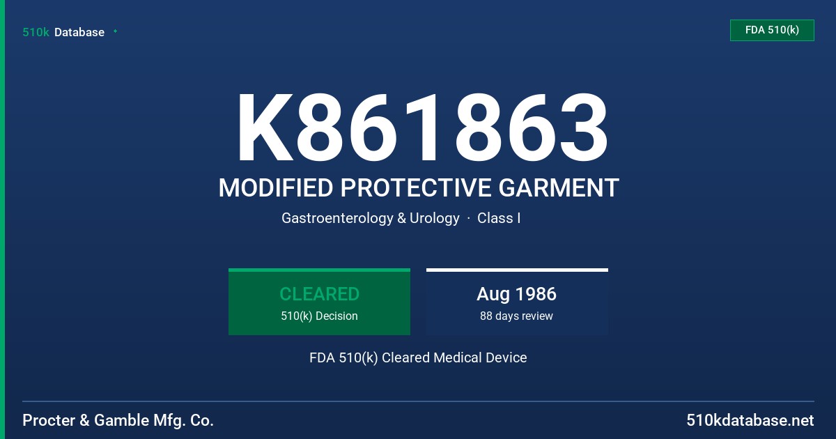 K861863 MODIFIED PROTECTIVE GARMENT FDA 510(k) Cleared Medical Device