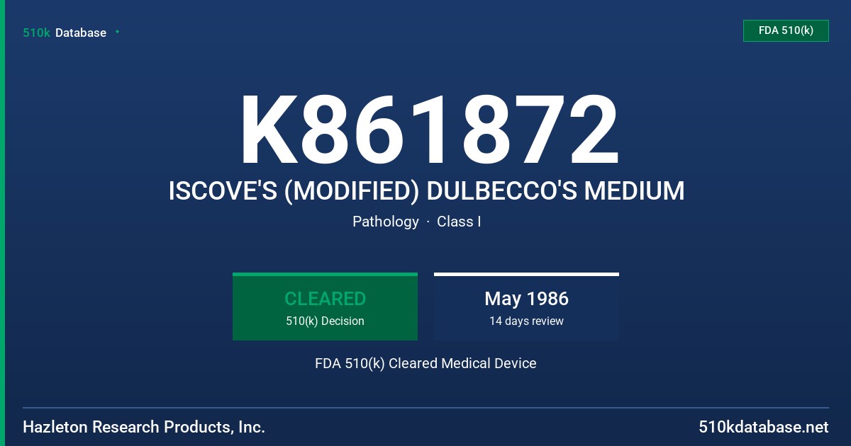 K861872 ISCOVE'S (MODIFIED) DULBECCO'S MEDIUM FDA 510(k) Cleared Medical Device